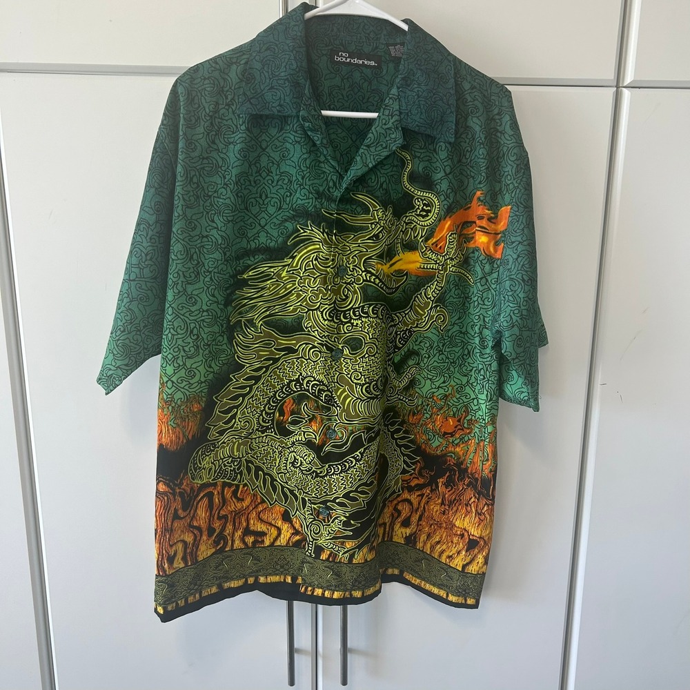 No Boundaries Mens Green Dragon Fire Graphic Button Down Shirt Y2K Medium